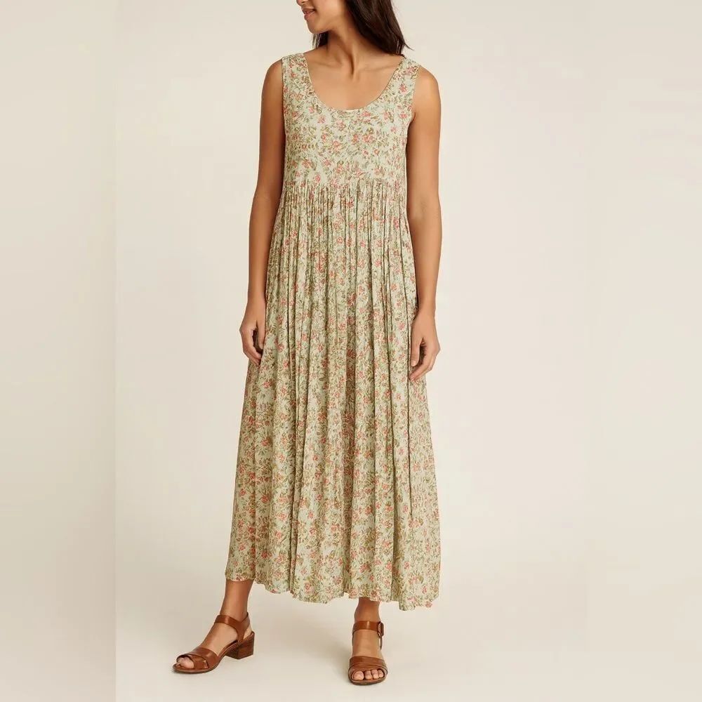 Vintage Meadow Floral Print Empire Waist Sleeveless Maxi Dress Size M
